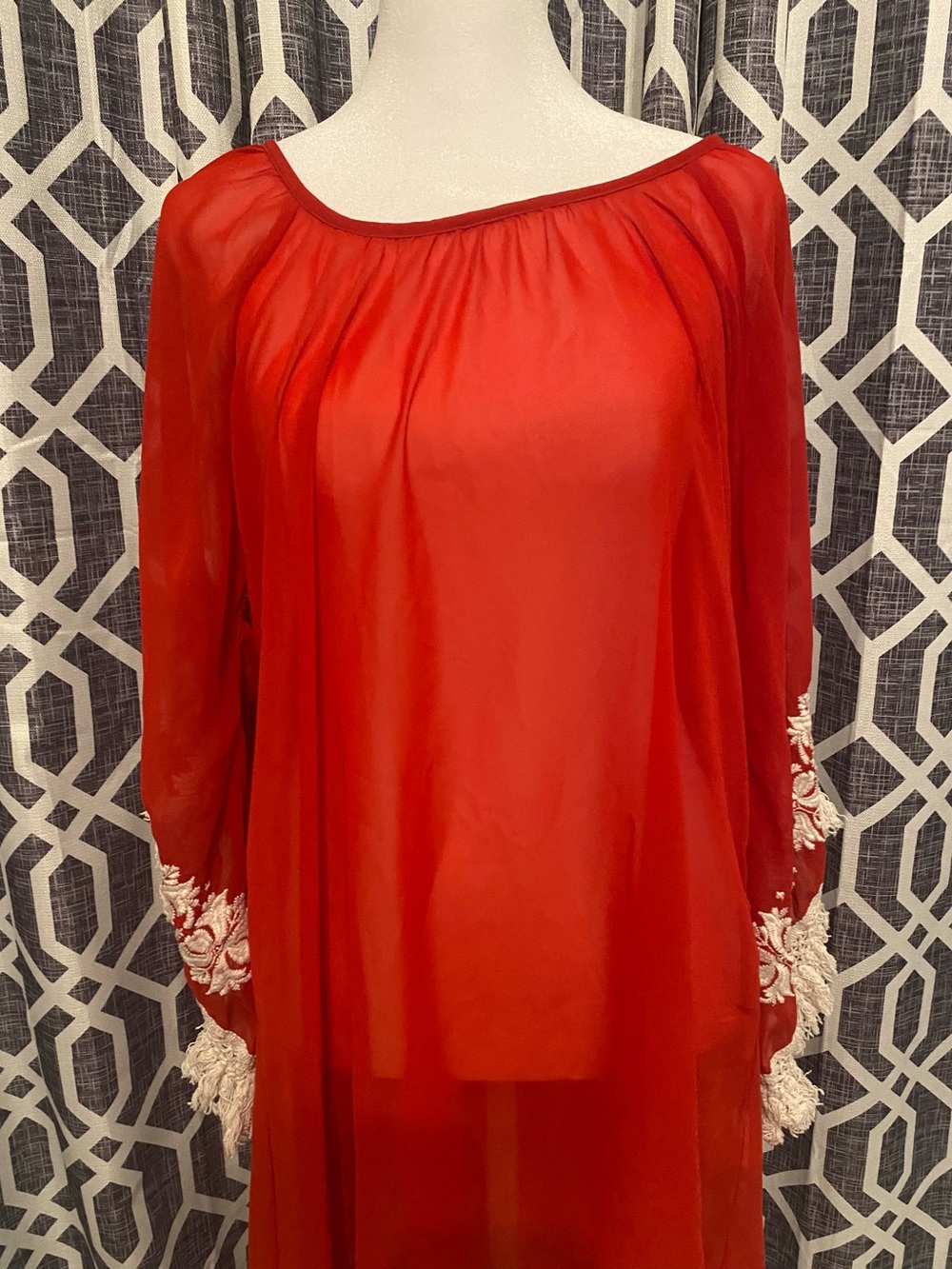 Red Sheer Peasant Blouse with Embroidered Cuffs